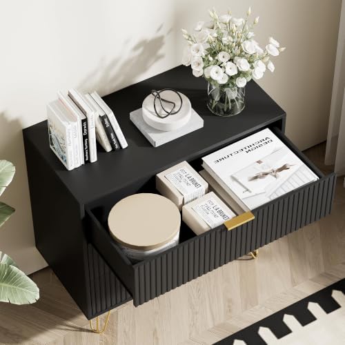 Image of Furniway Black Dresser for Bedroom, 3 Drawer Dresser with Gold Pulls, Fluted Modern Chest of Drawers Storage Cabinet, 31.5 inch W x 15.7 inch D x 29.5 inch H