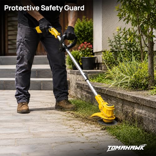 Image of Tomahawk TCBC-12 12V Cordless Brush Cutter, Brushless Motor, 1.5Ah x 2 Batteries, Adjustable Length Shaft, 10,000 RPM, Light Duty Garden Grass & Weed Trimmer with Saw Blade & Rope Attachment