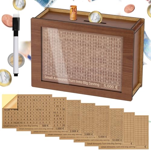Alyvisun Hucha €5000 de Madera con Pegatinas y rotulador, Hucha Reutilizable para Contar Dinero, Caja de Dinero con Objetivo de Diferentes ahorros para niños y Adultos (500€-10000€)