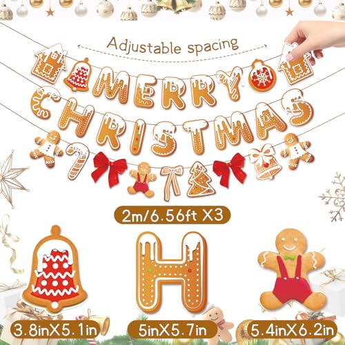 Image of Merry Christmas Banner Gingerbread Christmas Hanging Decoration 3PCS Gingerbread Theme Garland Banner for Holiday Home Office Fireplace Wall Decor Outdoor Indoor Xmas Party Banner