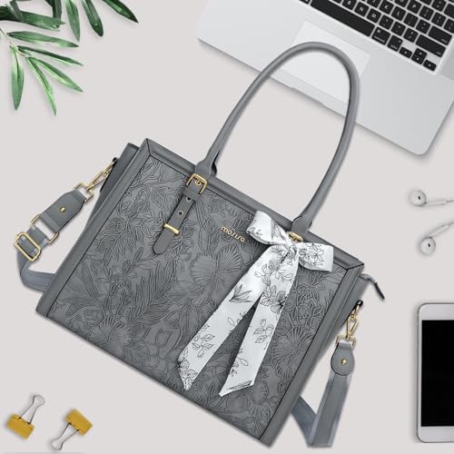 Image of MOSISO Laptop Bag for Women, PU Leather Tote Bag, Front Embossed Retro Hibiscus Computer Bags with Silk Scarf&Clutch Purse