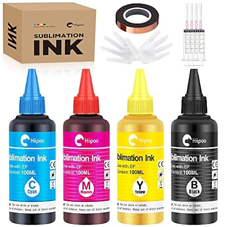 Hiipoo Sublimation Ink Refilled Bottles with Heat Tape Refill for ET2400 XP4105 XP4100 ET2720 ET2760 ET2750 ET4800 ET-2800 ET-2803 ET-2850 Inkjet Printers Heat Press Transfer on Mugs T-Shirts(BCMY)