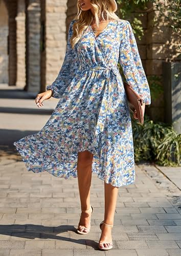 Image of PRETTYGARDEN Women's Floral Boho Dress Fall Long Sleeve Wrap V Neck Ruffle Flowy Maxi Spring Wedding Guest Vacation Dresses