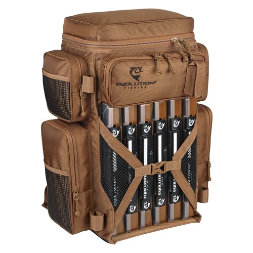 Evolution Fishing Drift Series 3700 Tackle Backpack with QuikLatch System & 2 Rod Holders Coyote Heavy Duty Backpack w/ 6 Tackle Trays