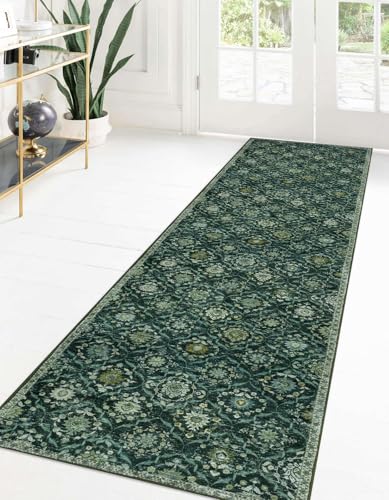 KILOCOCO 2x8 Runner Rug, Moroccan Super Soft Washable Hallway Entryway Runner Rug, Accent Print Faux Wool Kitchen Runner Rug 8 Feet Non-Slip Boho Rug Runner for Laundry Room Bedroom, Dark Green