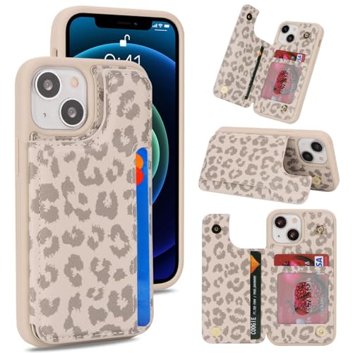 iCoverCase Compatible with iPhone 13 Mini Case with Card Holder Wallet Phone Case for Women Men RFID Blocking PU Leather Protective Case 5.4 Inch (Beige Leopard)