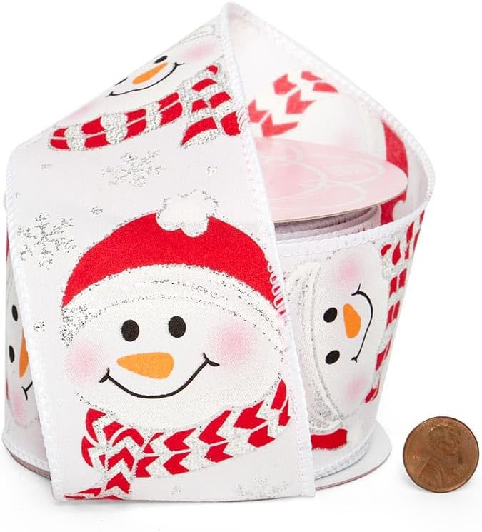 2 1/2" X 10 Yards Smiling Snowman White Wired Ribbon Christmas