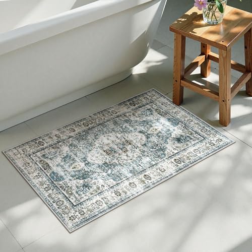 Uphome Boho Bathroom Rugs, Distressed Farmhouse Blue Bath Mat, Comfy