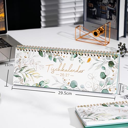 Tischkalender 2026 2027 - Wochenkalender 2026 2027 von März 2026 bis August 2027, 1 Woche 2 Seiten, Kann flach stehen oder liegen, 29,5 x 10,5 cm, Grün