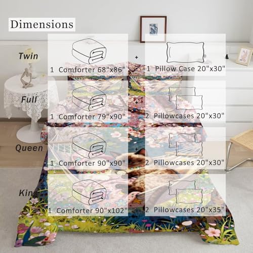Image of Cartoon Cat Comforter Set Full Size Cute Kitten Floral Bedding Sets for Girls Boys Kids Adults Bedroom Decor Spring Cherry Blossom Hammock Quilt 1 Comforter 2 Pillowcases