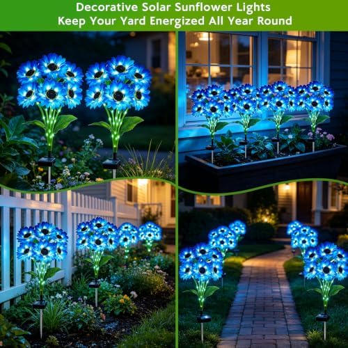 Solar Sunflower Lights Outdoor Garden Decor, 4 Pack Solar Blue Flowers Lights with 18 Sunflowers, Waterproof Fall Decor Stake Decorative Light Auto ON/Off for Garden Yard Patio, Gift for Women — view 5