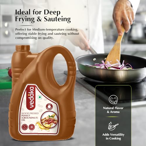 Image of Amazon Brand - Vedaka Wood Pressed Peanut Oil 5L | Cooking Oil | Groundnut Oil | Kolhu, Kacchi Ghani, Mara Chekku, Ganuga | Rich Aroma & Flavour Of Groundnuts