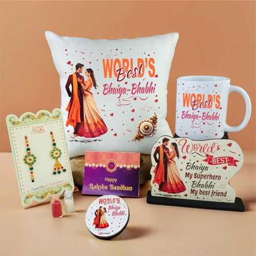 Image of PICRAZEE Raksha Bandhan Gift Combo for Bhaiya Bhabhi with Rakhi, Cushion, Mug, F-Magnet, G-Card and Trophy
