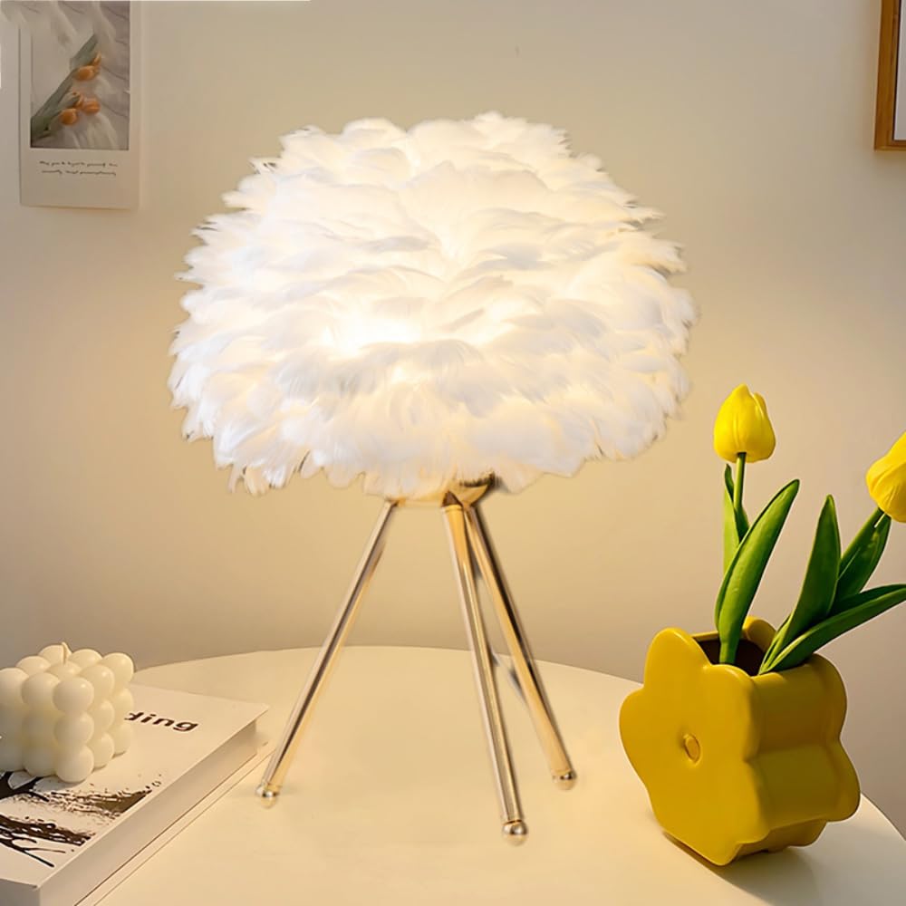 XINYASEE Lampe de Table,lampe de chevet en Plumes d'oie, Douille E27,Corps de lampe à support métallique, 5 couleurs disponibles, Abat-jour en plume d'oie, Lampes de Bureau Design Moderne (Blanc)