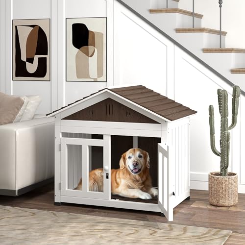 PawHut 40" L Dog House Outdoor Indoor, Wooden Dog Kennel for Small, Medium, Large Dogs, Puppy Shelter with Air Vents & Elevated Removable Floor, Magnetic Doors, Foot Covers, Dark Brown - Image 3