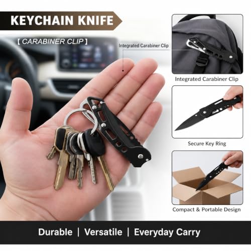Image of Portable Folding Utility Knife with Carabiner Clip | Manual Foldable Utility Tool for Carton Opening, Rope Cutting & General Household Use | Compact Black Utility Knife