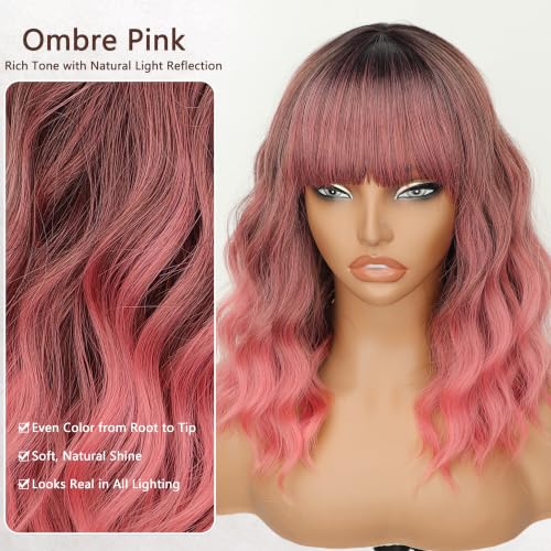 Image of Nnzes Pink Wig with Bangs for Women Short Bob Wavy Charming Synthetic Wigs with Natural Shoulder Length Curly Heat Resistant Fiber Hair for Daily Party Use