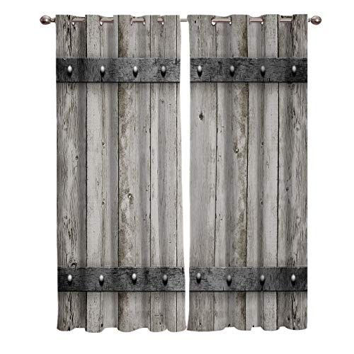 Shine-Home Window Curtains with Gromments Kitchen Drapes, Rustic Barn Door with Wood Grain Texture Art Print, 2 Panels Window Treatment Drapes for Living Room/Bathroom/Office 104
