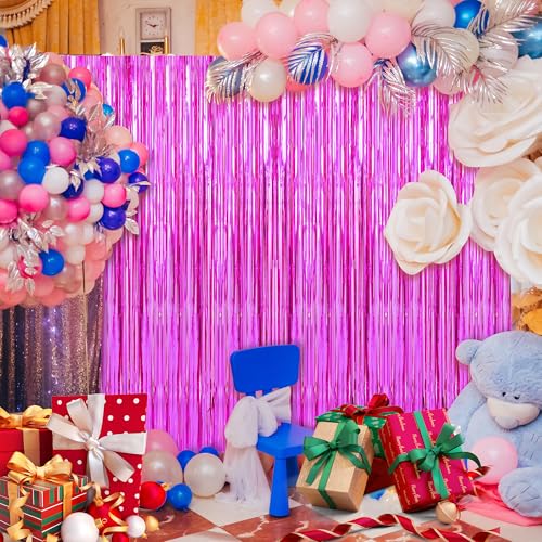 Image of Crosize 3 Pack 3.3 x 9.9 ft Hot Pink Foil Fringe Backdrop Curtains, Streamer Backdrop Curtains, Streamers Birthday Party Decorations, Tinsel Curtains for Parties, Photo Booth Backdrops