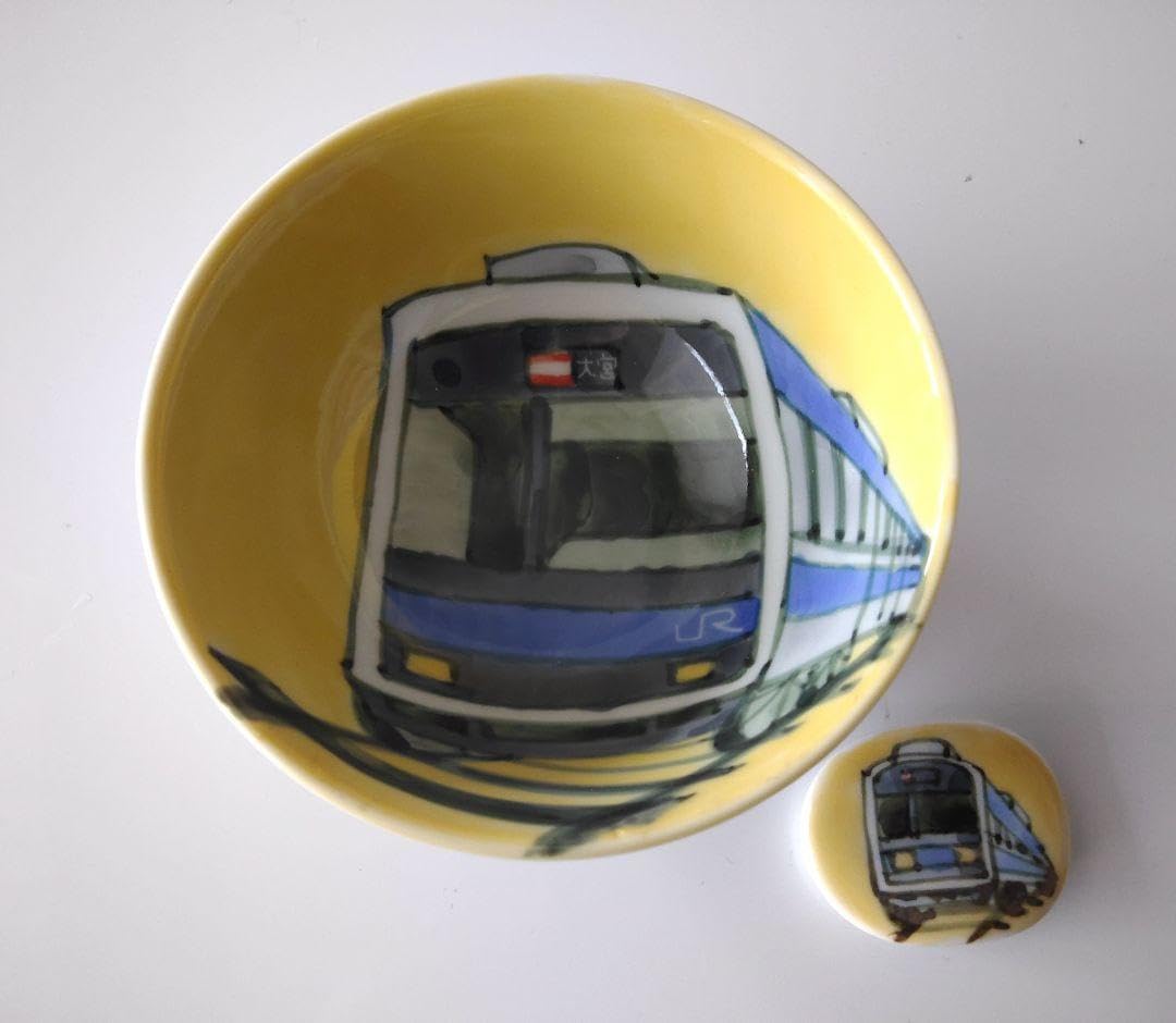 京浜東北線 飯碗に箸置 手描き 有田焼 女性作家物