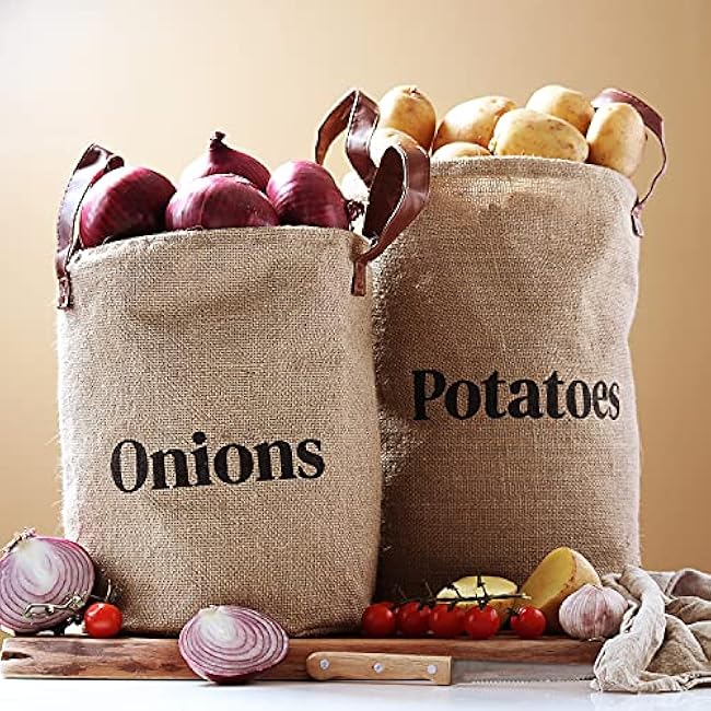 Lined Burlap Pantry Storage Baskets For Potatoes And Onions With Handles, Set Of 2, Decorative Rustic Farmhouse Home D¨¦cor Design, Kitchen Organization, 2 Pack