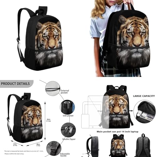 Teen's Backpack 4Pcs, Aesthetic Travel Daypack Set of 4 Include Lunch Box Pencil Case Cup Sleeve Large Capacity & Portable Daypack 4Pcs Tiger Design3