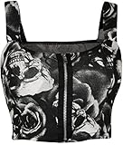 Länge 34cm WearAll - Damen Schädel-Rosen Monochrome Drucken Short Boobtube Bralet Bauchfreies Oberteil - Skull Roses - 36-38