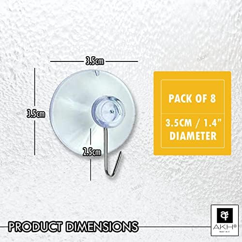 AKH® Clear Suction Hooks | Pack of 8 | 3.5cm Rubber Sucker Pads with Metal Hook | Strong Hanging Hook for Christmas Hanging Decorations Signs Mirror Glass Kitchen Bathroom Wall Festivals Decorations