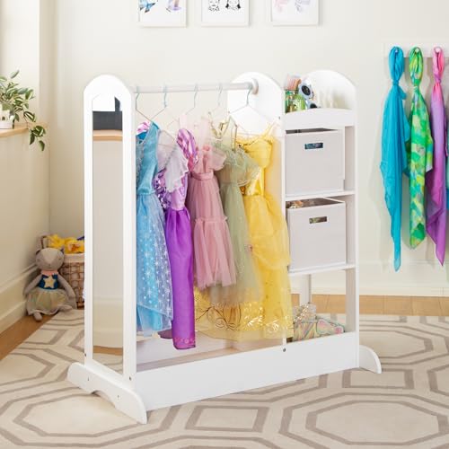 Image of Guidecraft See and Store Dress-up Center – White: Pretend Play Costume Storage Wardrobe for Kids with Mirror & Shelves, Armoire with Bottom Tray, Toddlers Room Furniture