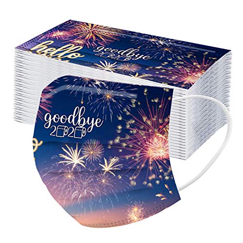 Badymin Goodbye 2020 Disposable Face_Mask 2021 Happy New Year Disposable Face Covering for Adults 3-ply Non-Woven Fireworks Christmas Print for Outdoors, 2020 Goodbye, 50PC