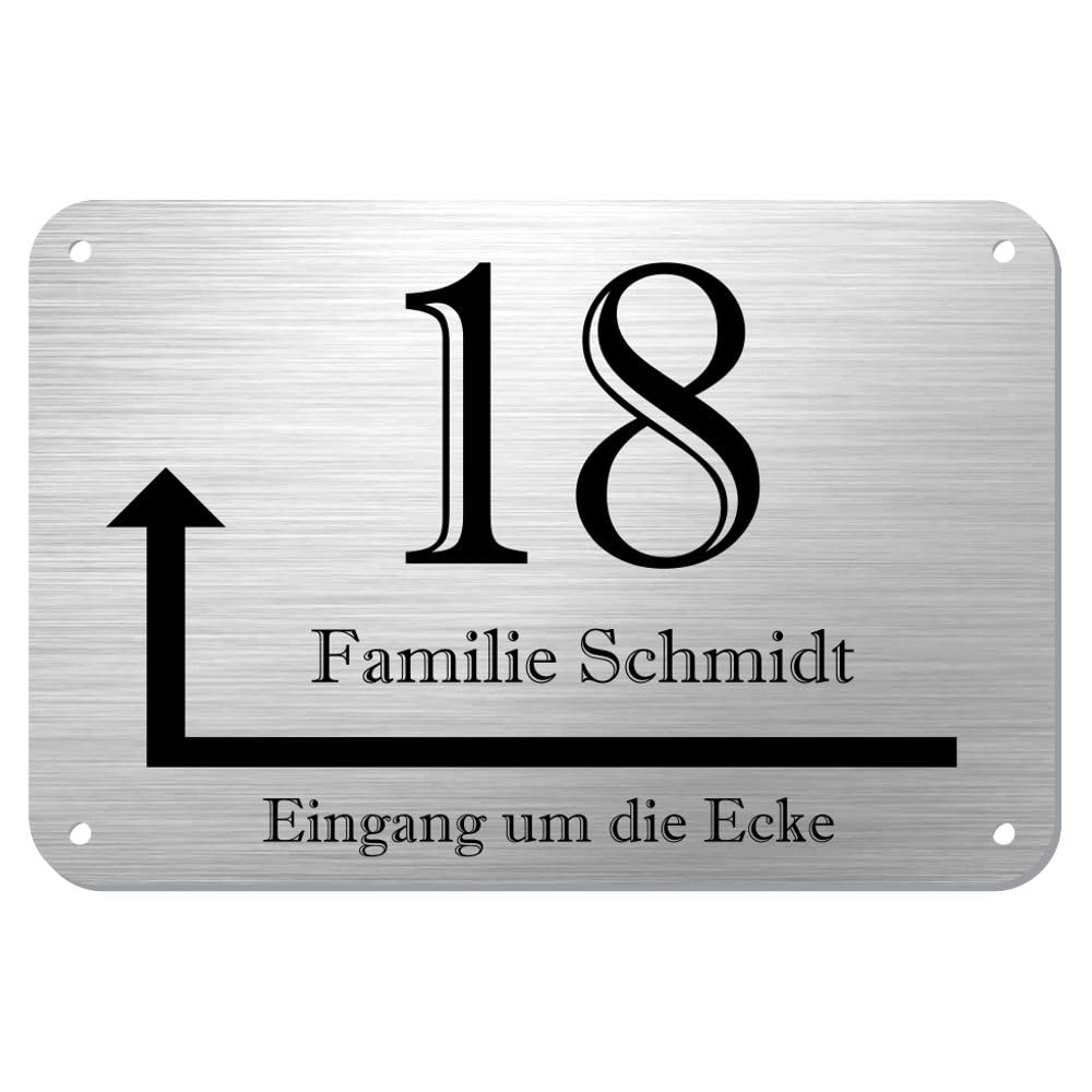 Edelstahl Hausnummernschild mit Pfeil * Modell 18 Eingang um die Ecke