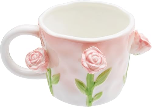 Taza de café con diseño de flores 3D, taza de cerámica rosa rosa, 12 onzas, lindas tazas hechas a mano, sorpresa de cumpleaños de Navidad para