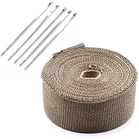 PONDWAY 10m x 5cm(2" 10M) Exhaust Wrap Roll for Motorcycle Heat Shield Tape + 5Pcs Ties, Exhaust Header Fiberglass Heat Wrap Tape Cloth (Titanium Golden) Cover