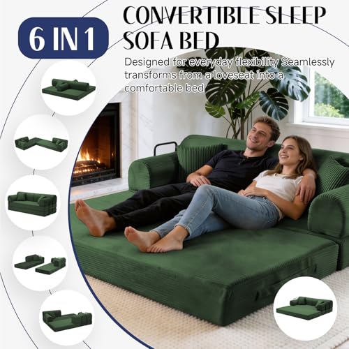 Image of 79'' Convertible Sofa Bed, 6 in 1 Folding Floor Futon Couch Sleeper with Fixed Frame, Corduroy Modular Sofa Bed with Removable Armrests & Pillows, No Assembly for Living Room Bedroom (Green)