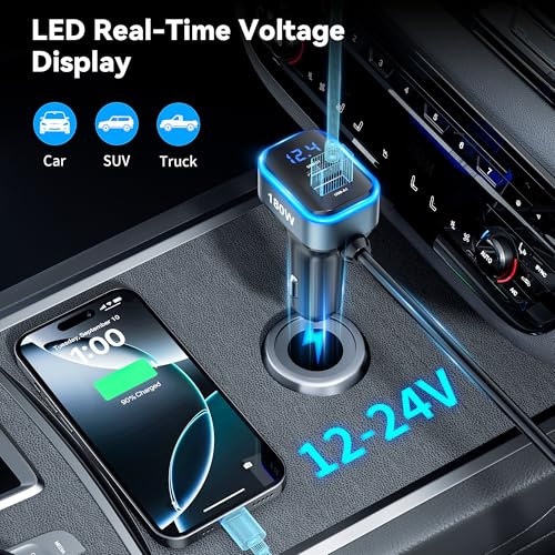 7 in 1 Cigarette Lighter Splitter,SONRU 180W (Max 192W) Cigarette Lighter Adapter with Dual PD 36W/QC3.0 Charge,24V/12V Car Charger Adapter(3.7FT Cable),Independent Switches & LED Voltage Display — view 5