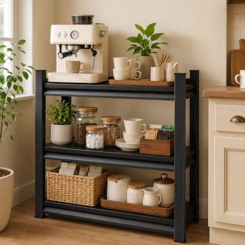 Image of Metal Shelving for Kitchen Small Spaces 3 Tier Adjustable Shelves Slim Storage Rack Heavy Duty Organizer for Pantry Apartment Corner Space Saving Appliance Stand. 31.5 inch H x 27.6 inch W x 13.8 inch D