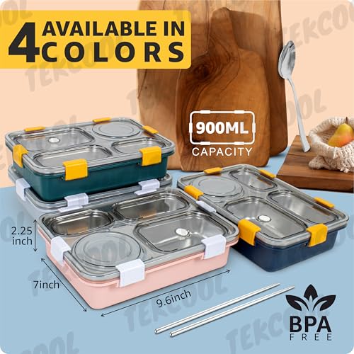 Image of TEKCOOL Lunch Box for Adults - Lunch Box for Kids - with Spoon & Fork - Stainless Steel Lunch Box with 4 Compartment - Durable Perfect Size for On-The-Go Meal, BPA-Free