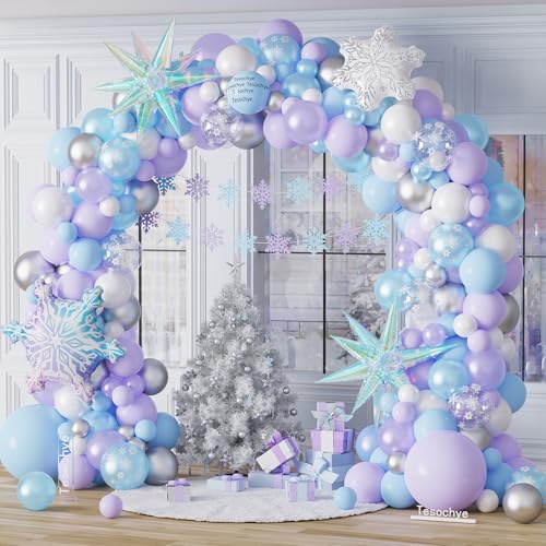 Ice Snow Birthday Party Decorations 159 PCS Snowflake Balloon Garland Arch Kit Blue Purple Iridescent Exploding Star Foil Balloon for Princess Winter Wonderland Birthday Christmas Party Decor