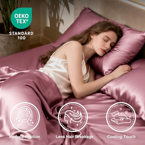 Image of Love's cabin Full Size Satin Sheet Sets - 4 Piece Rose Taupe Silky Sheet Set Full with Deep Pocket, Luxury Silk Feel Bed Sheets Full Bedding Set (1 Flat Sheet,1 Fitted Sheet,2 Pillow Cases)
