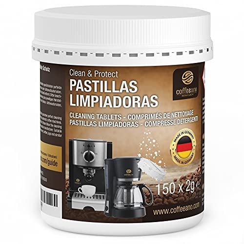 150 pastillas limpiadoras Coffeeano Clean&Protect para cafeteras automáticas y cafeteras. Pastillas limpiadoras aptas para todas las marcas y electrodomésticos. Incluye un libro electrónico Cover