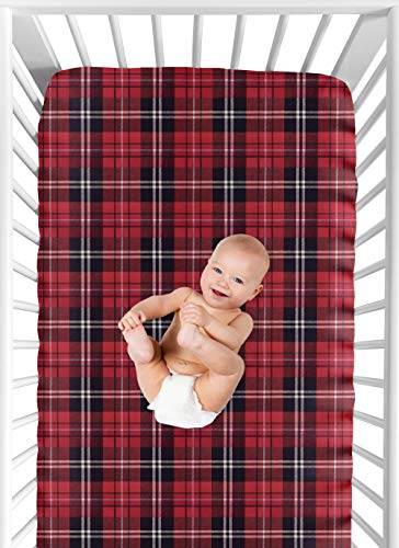 Image of Sweet Jojo Designs Fitted Baby Crib Sheets (Woodland Plaid) for Boys or Girls, Infant Nursery, Toddler Room - Standard Size (Red and Black Tartan, Checkered, Checked for The Rustic Patch Collection)