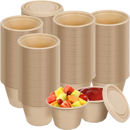 Tivcck 4 oz Bagasse Fiber Condiment Cups with Lids,100 Pack Disposable Souffle Cup,Biodegradable Sample Cups,Compostable Portion Cups for Snack Salad Dressing(Natural)