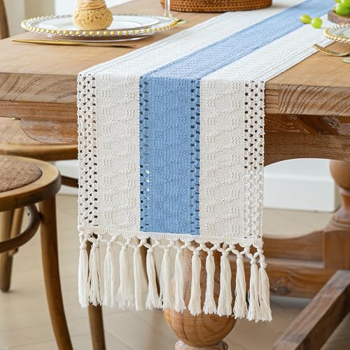 Image of FEXIA Summer Table Runner Light Blue for Home Decor with Tassels 72 Inches Farmhouse Long Rustic Table Runner Macrame Burlap Centerpieces for Tables Decoration for Baby Shower(12x72 Inches)