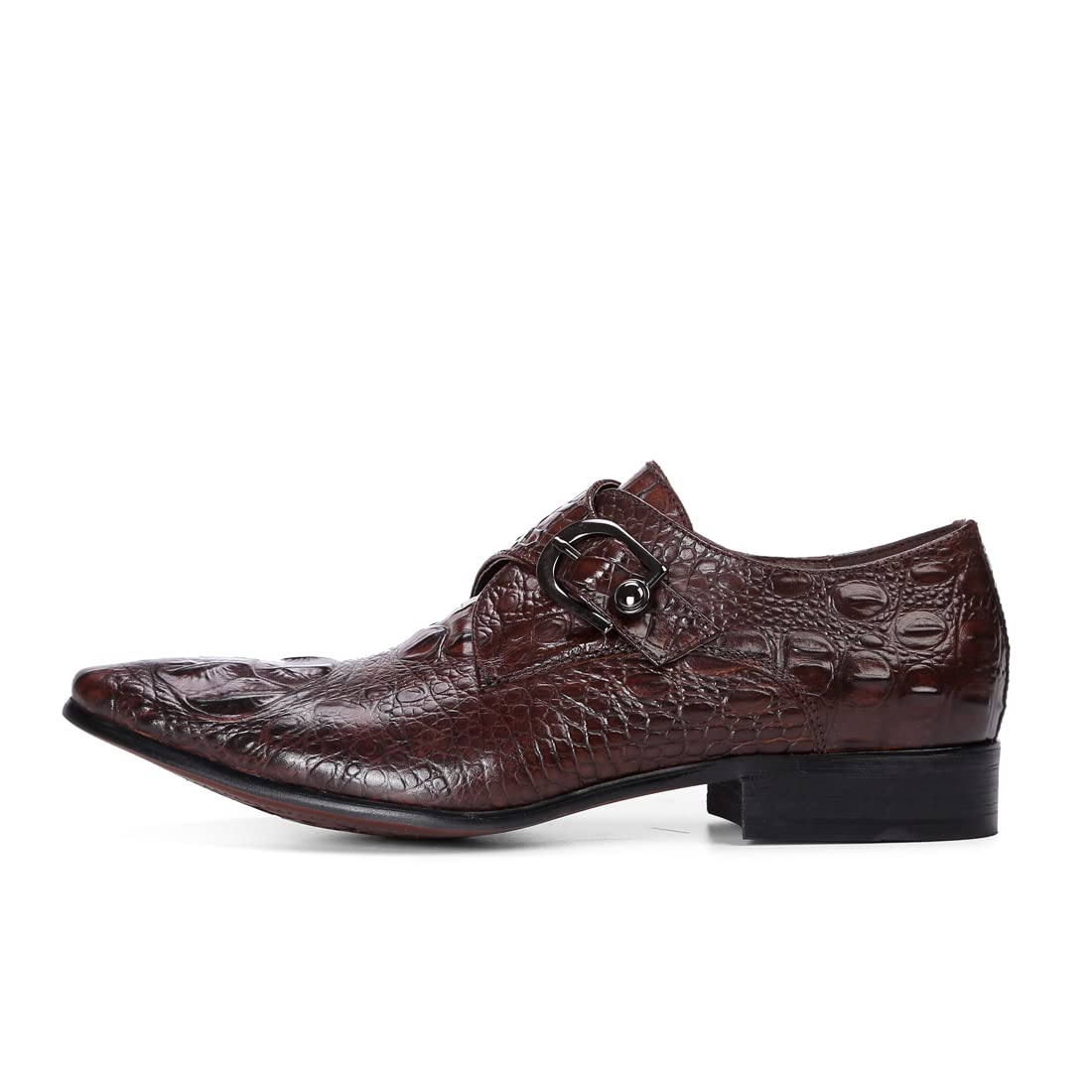 Mocasines Formales Negocios para Hombres Zapatos Monk Relieve en Punta en Cuero Genuino Zapatos de Vestir Slip On con Hebilla