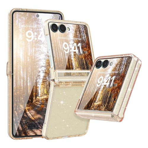 FABSPARK Case for Samsung Galaxy Z Flip 7 Built-in Screen Protector,Hinge Protection,Sparkly Bling Glitter Crystal Clear Transparent Slim Fit Acrylic Hard PC for Samsung Z Flip 7 Case,Glitter Yellow by FABSPARK - Used condition - US$7.58