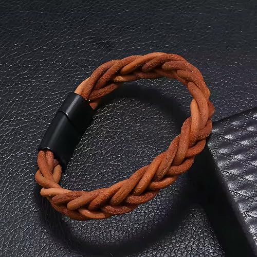 Image of THE MEN THING Leather Bracelet for Men - American Style Genuine Leather Multi-Layer Braided Bracelet with 100% Stainless Steel Magnetic Buckle for Men & Boys (8 inch)