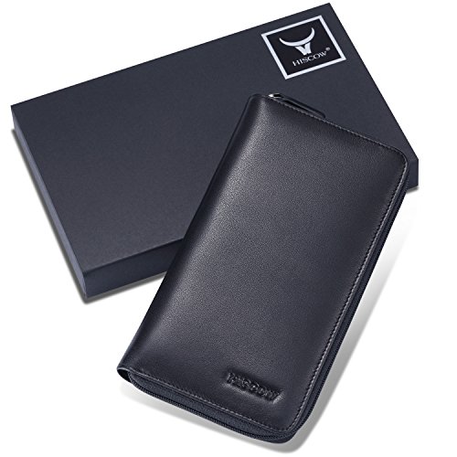 Image of HISCOW Leather Checkbook Cover, Zippered Wallet with Card Slots, Black | Full grain cowhide, 5cc & ID window, personal check book & register pockets, removable duplicate divider, women secure zipper