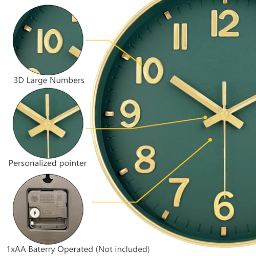Image of Modern Wall Clock, 10 Inch Digital Wall Clocks Battery Operated, Round Non Ticking Silent Analog Clock for Bedroom Living Room Kitchen Office Gym Classroom Decor, Gold Green Battery Clock
