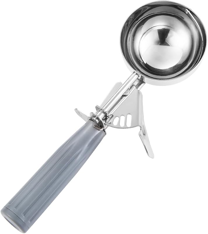 Cuchara para porciones Saebye - #8 (4 oz) - Plato, Cuchara para helado grande con gatillo, Cuchara para galletas, Cuchara para alimentos, Cuchara para muffins - Control de porciones - Acero inoxidable 18/8, mango gris