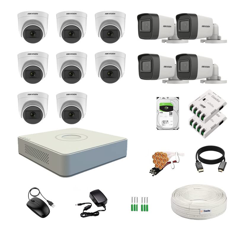 Image of HIKVISION 16 Channel Wired DVR with 5MP 8 Dome & 4 Bullet Cameras with Audio Recording (Day /Night Vision) + 4TB HDD + Copper Cable Roll (1+3) 8 CH Power Supply 2 Nos + BNC & DC Full Combo Kit